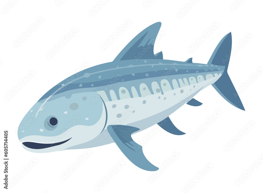 Fototapeta premium Cute cartoon fish with large teeth swimming