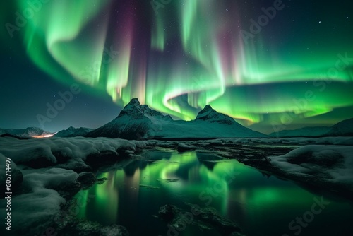 Vivid aurora cascade scenery. Generative AI © Oliver