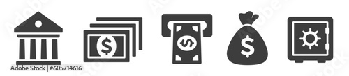 Bank and finance icon set. Bank building, cash, ATM, money bag, safe icon silhouette - stock vector.
