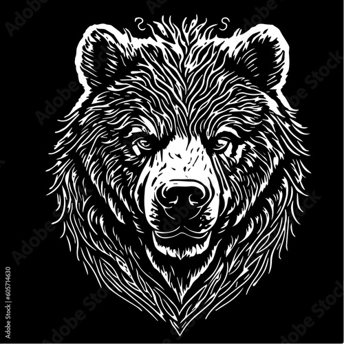 Tattoo style rage wild bear head front view logo emblem, heraldry, lines, black and white, isolated, branding, sign	
