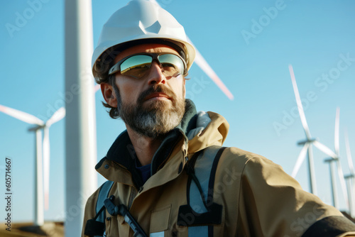 Man engineer worker working in windmills wind power station portrait - generative ai