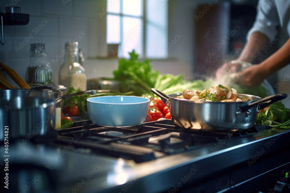 Cooker at work in a kitchen cooking vegetables generative ai Cooker at work in a kitchen cooking vegetables generative ai