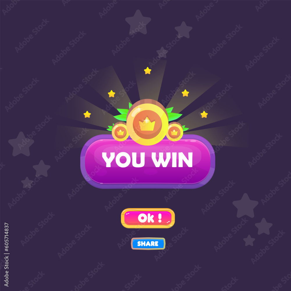 You Win Game UI Badge Pop Up Icon Reward Prize Premium Coins Stars Purple Glossy Button Magic Shine Buttons Cartoon Cute Vector Design
