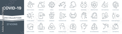 COVID-19 linear signed icon collection. Signed thin line icons collection. Set of COVID-19 simple outline icons