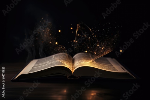 Magical book with open pages with mystical glow. Generative AI