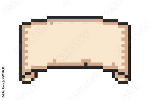 Pixel asset, vintage scroll ribbon. Ancient manuscript, parchment banner. Manuscript template with paper ripped sides, pixel art.