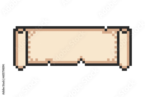 Pixel asset, vintage scroll ribbon. Ancient manuscript, parchment banner. Manuscript template with paper ripped sides, pixel art.