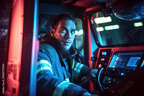 Fireman working in a fire truck portrait generative ai