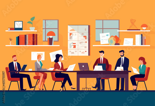Professional woman and man sitting at the office table, having a business meeting. Teamwork, communication, and discussion are key in the brainstorming session. vector, illustrator