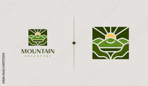 Mountain travel emblems. Camping outdoor adventure emblems, badges and logo patches. Mountain tourism, hiking. Universal creative premium symbol. Vector illustration