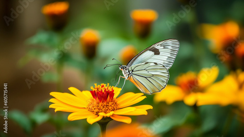 A butterfly is flying over some orange flowers .AI generative