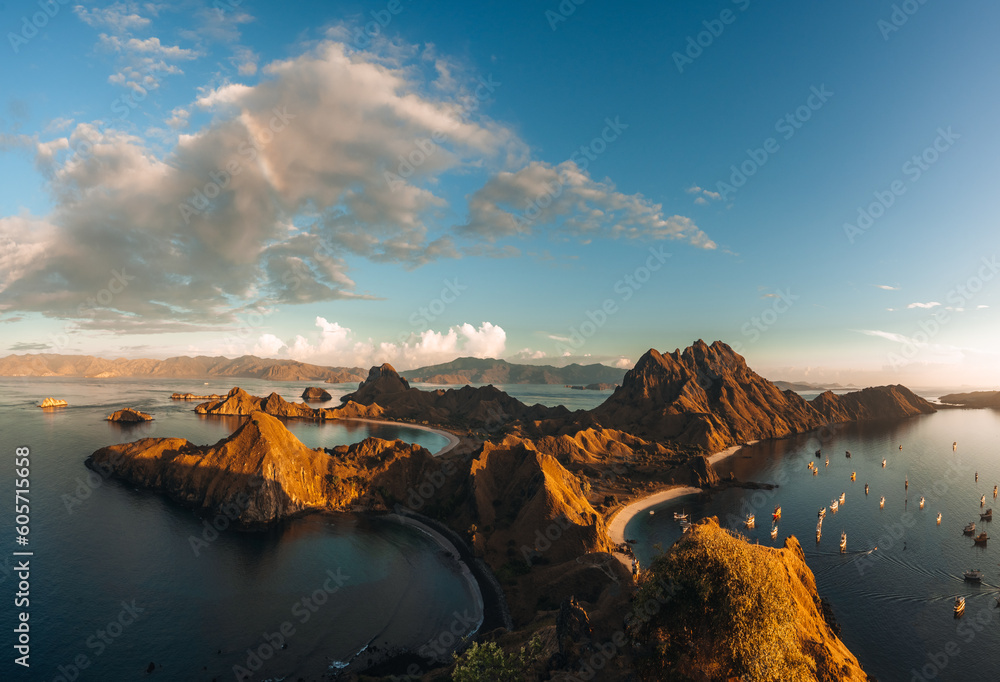 Top aerial drone view of Padar Island in a morning before sunrise, Komodo Island National Park, Labuan Bajo, Flores, Indonesia