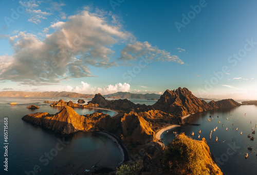 Top aerial drone view of Padar Island in a morning before sunrise, Komodo Island National Park, Labuan Bajo, Flores, Indonesia photo