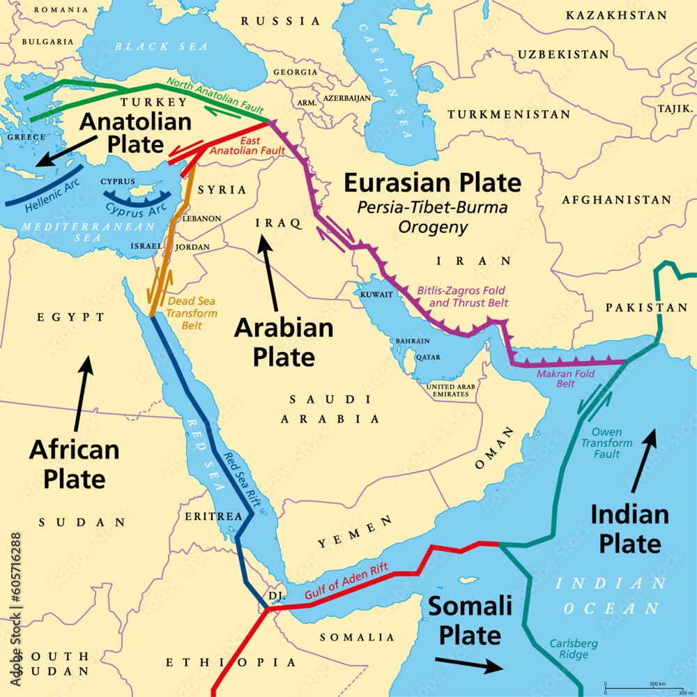 Arabian Plate, tectonic map. Minor tectonic plate, consisting mostly of