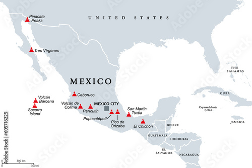 Trans-Mexican Volcanic Belt, map with the major active volcanoes of Mexico. Also known as Transvolcanic Belt and locally as Sierra Nevada. Active volcanic belt, that covers central-southern Mexico.