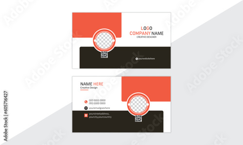 A business card Design with the combinations of orange and black color. Simple and clean design with a logo and a place for a photo. Creative layout corporate identity.   
