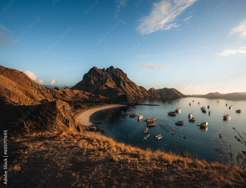 Top aerial drone view of Padar Island in a morning before sunrise, Komodo Island National Park, Labuan Bajo, Flores, Indonesia