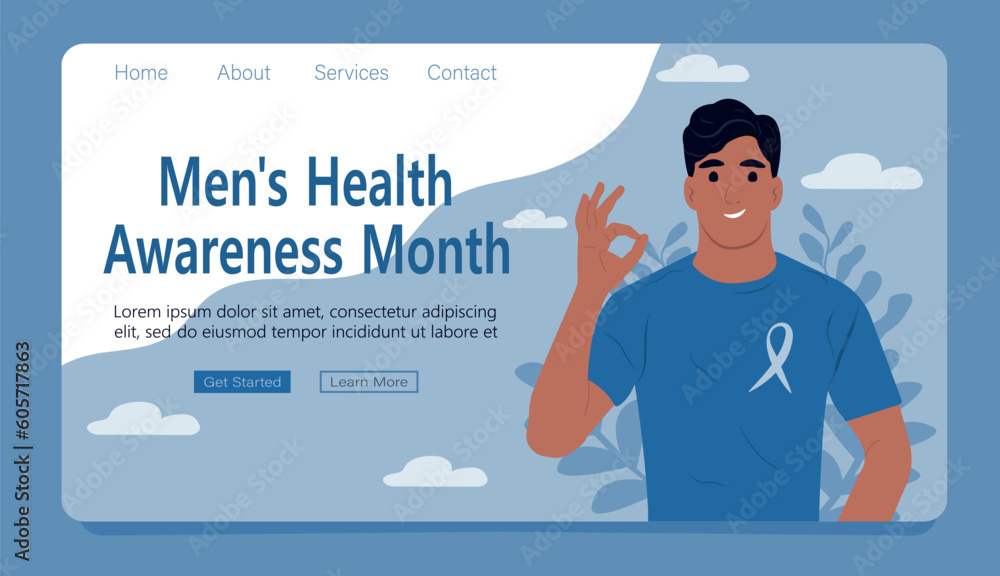 Men's health awareness month. Prostate cancer awareness ribbon with. World Prostate Cancer Day. A mans and a symbol of mens health. Web page template. Flat vector illustration.