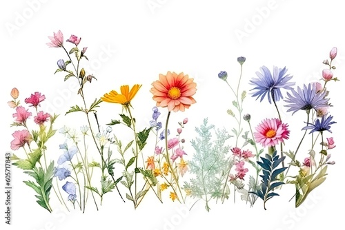 Beautiful assortment of wild flowers in water color painted style using generative AI