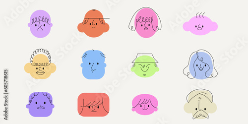 Geometric abstract colorful comic faces with various Emotions of different age. Different diverse people representation. Cartoon style characters or avatars. Hand drawn trendy vector illustration.