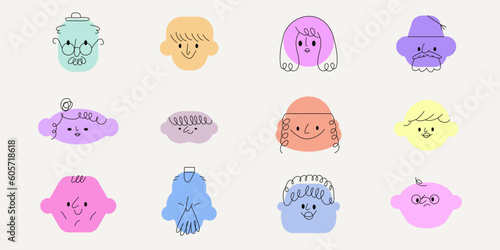 Geometric abstract colorful comic faces with various Emotions of different age. Different diverse people representation. Cartoon style characters or avatars. Hand drawn trendy vector illustration.