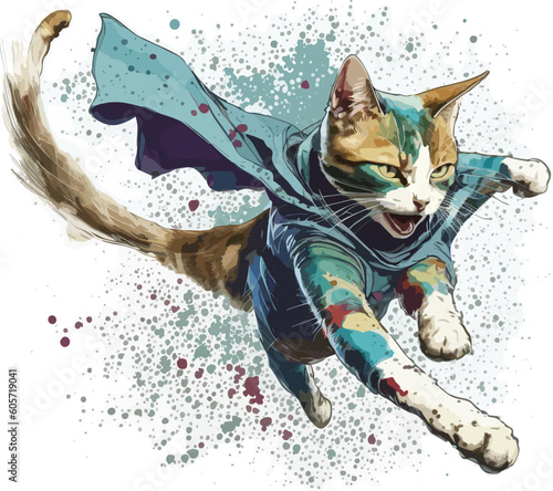 Happy cat wearing superhero clothes is flying t shirt, Vector, illustration