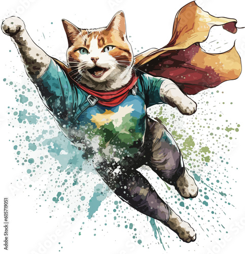 Happy cat wearing superhero clothes is flying t shirt, Vector, illustration
