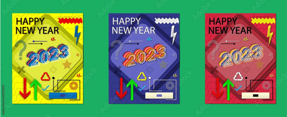 Colorful Retro Abstraction for Happy New Year's 2023 Card Design,Vibrant Geometric Abstraction for New Year's Greeting Card Design,vector illustration