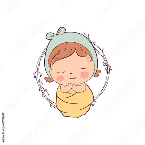 Cute sleeping newborn baby. Ideal for greeting cards. Vector illustration. 