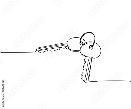 Apartment keys, apartment loan one line art. Continuous line drawing of housing, key, home, house, relocation, keys, safety, property, keyring, estate, mortgage, secure, unlock, loan