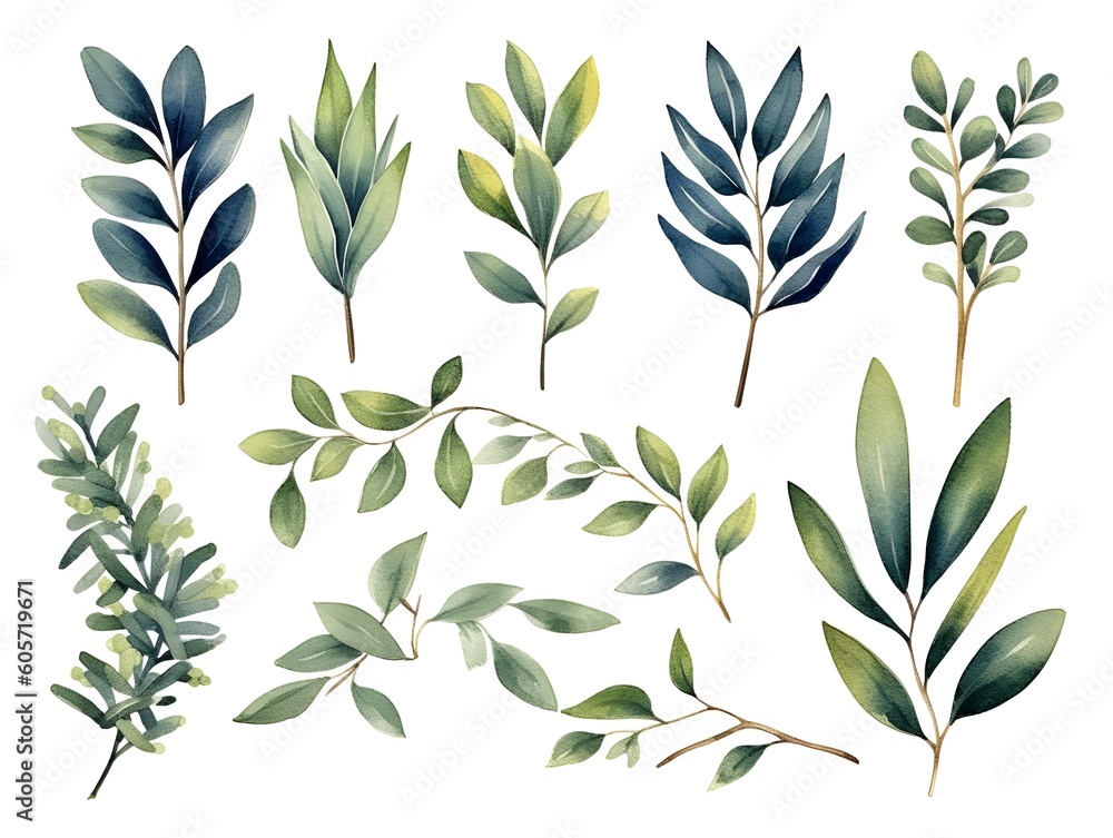 Watercolor olive leaf Botanical collection natural elements on white background. Symbol of peace. Generative Ai.