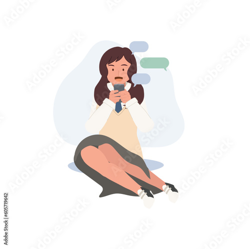 Asian high school girl is enjoying communication with friends by text chat on phone. Flat vector cartoon illustration