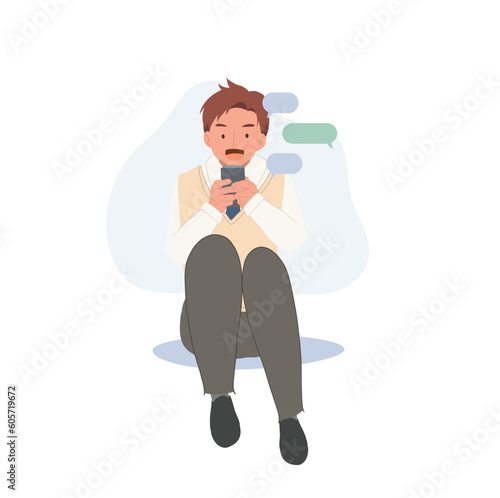 Asian high school boy is enjoying communication with friends by text chat on phone. Flat vector cartoon illustration
