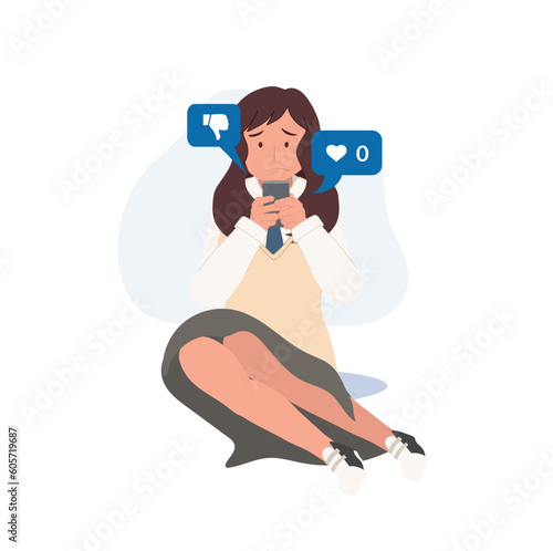 online social addict concept. Asian high school woman holding smartphone and getting sad due to no one give like to her picture.