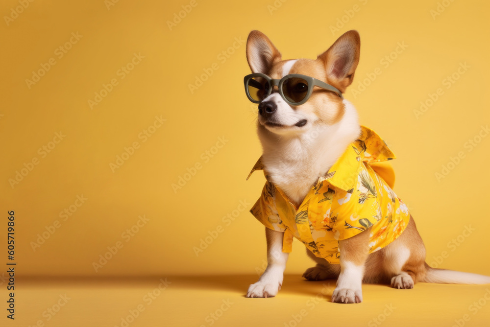 Summer corgi dog wearing yellow clothes and sunglasses, looking at blank empty copy space, over yellow background. AI generative