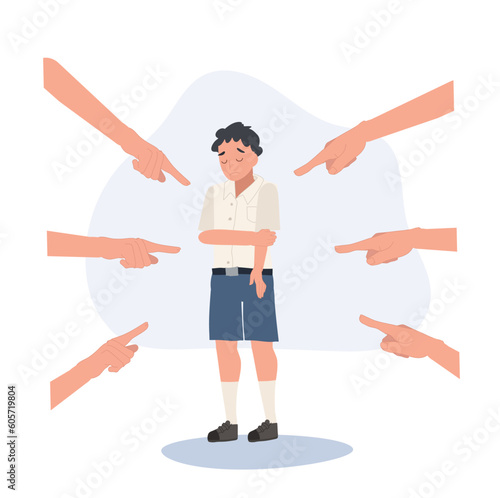 A victim of bullying concept. Unhappy Thai student boy is sad from bullying in school. Flat vector cartoon illustration