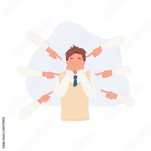 A victim of bullying concept. Unhappy Asian student is sad from bullying in school. Flat vector cartoon illustration