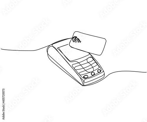 Contactless bank card, credit card in payment terminal, Credit Card Machine one line art. Continuous line drawing of bank, money, finance, financial, payment, data, savings, economic, wealth, credit