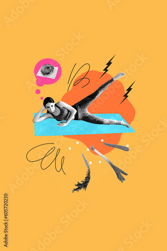 Vertical collage picture of minded sportive girl stretching leg fitness carpet dream sweet chocolate donut isolated on orange background