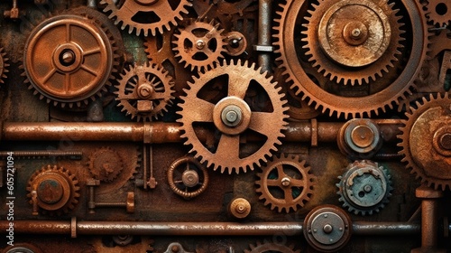 The background is a vintage steampunk machinery with rusty gears. (Generative AI) © HandmadePictures