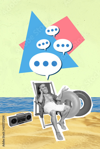 Vertical abstract collage of black white colors grandfather chill lounger speak telephone dialogue bubble beach ocean boombox inflatable ring © deagreez