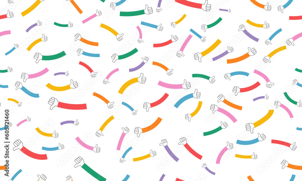 thumbs up and down seamless pattern illustration. Funny multicolor hand community background print. Friend team, business teamwork or community help texture drawing thumbs up and down seamless pattern illustration. Funny multicolor hand community background print. Friend team, business teamwork or community help texture drawing