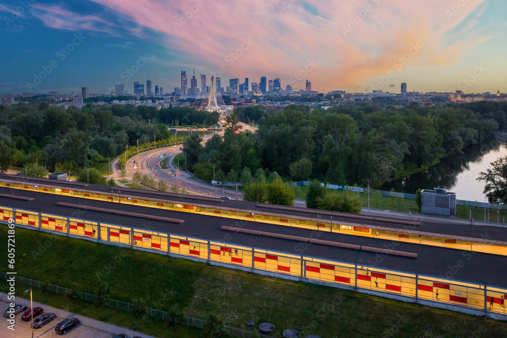 Fototapeta premium Aerial view of Warsaw city center during sunset