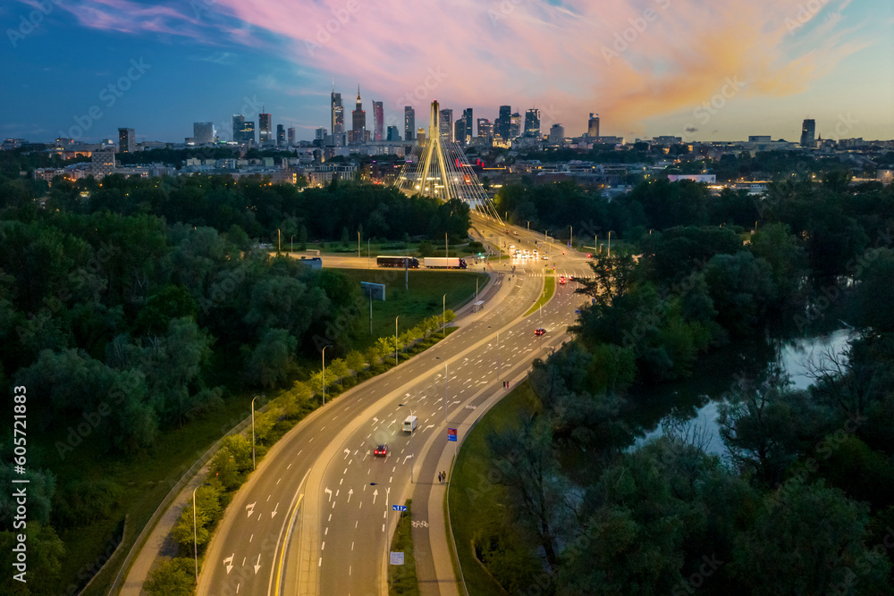Fototapeta premium Aerial view of Warsaw city center during sunset