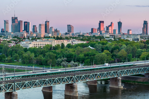 Aerial view of Warsaw city center during sunset photo