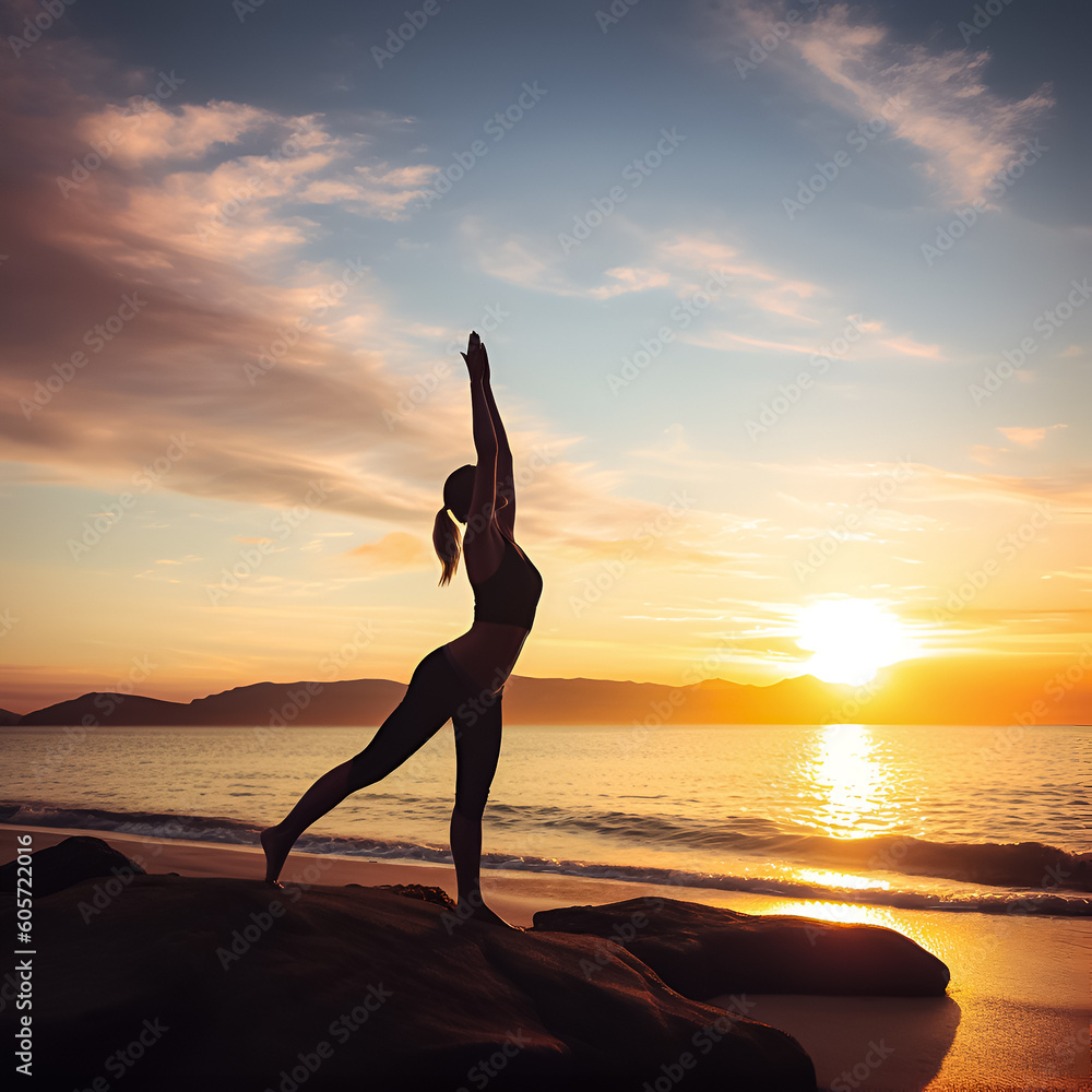 Yoga on the beach at sunset. Illustration, generative ai.