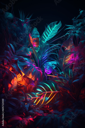 Exotic Composition of Neon Tropical Leaves & Flowers.