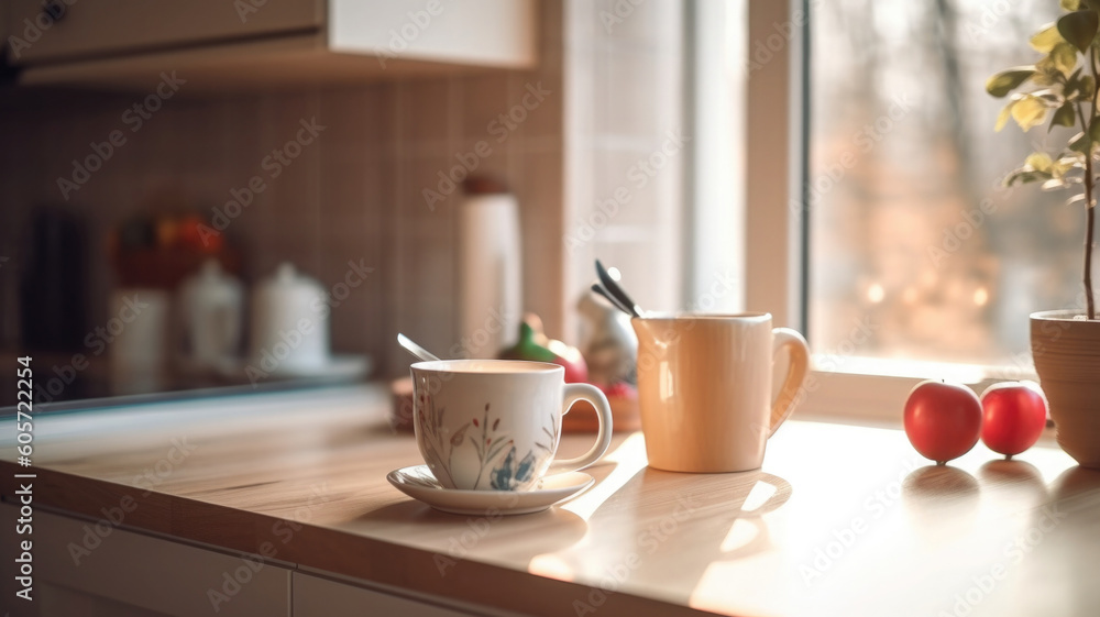 Kitchen wooden table top with breakfast at morning time. Scandinavian style vintage kitchen interior. Created with Generative AI Kitchen wooden table top with breakfast at morning time. Scandinavian style vintage kitchen interior. Created with Generative AI