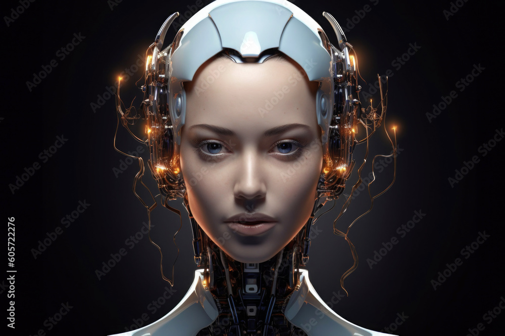 Female android face on dark background. Artificial intelligence concept. Futuristic robot head with technology neural system. Created with Generative AI