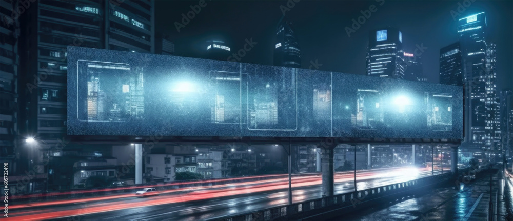 Futuristic city with neon glowing billboard at street. Cyberpunk background. Created with Generative AI